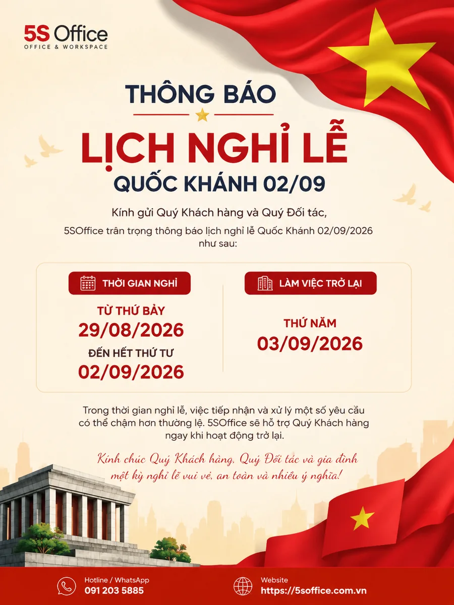 Thông báo lịch nghỉ lễ Quốc Khánh 02/09/2026 của 5SOffice